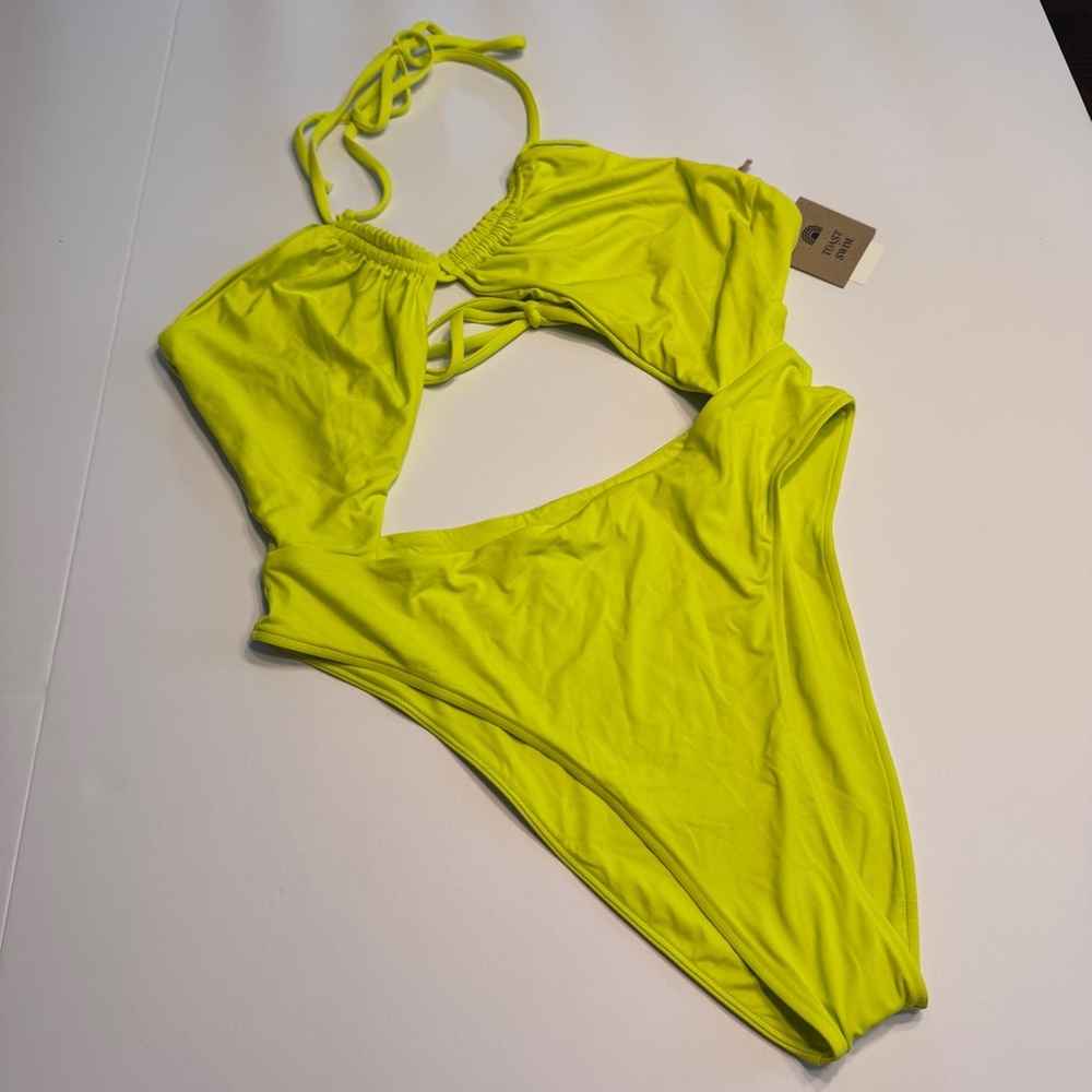 Toast Swim Neon Kiwi Cutout One Piece Swimsuit Multiway Halter M NWT - Picture 9 of 10